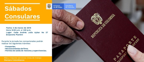 Pasaportes, reconocimientos de firma y permiso de salida de menores y supervivencias son los trámites que podrán realizar en el Sábado Consular del 2 de marzo en el Consulado de Colombia